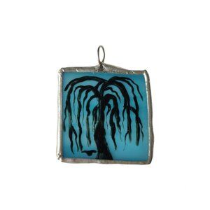 Vintage Willow Stained Glass Pendant Silver and Blue
